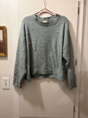 H&M Pearl-Embellished Sage Green Crewneck Sweater